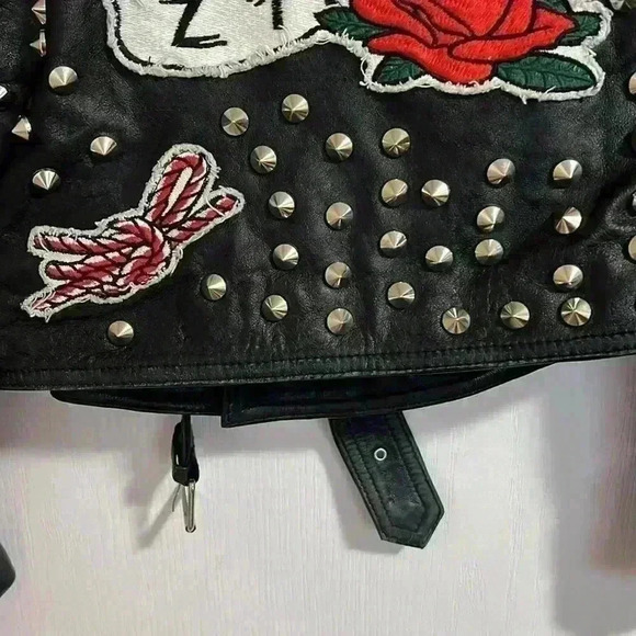 **Host Pick **ZARA BLACK REAL LEATHER BIKER JACKET WITH  STUDS AND PATCHES - Picture 13 of 17